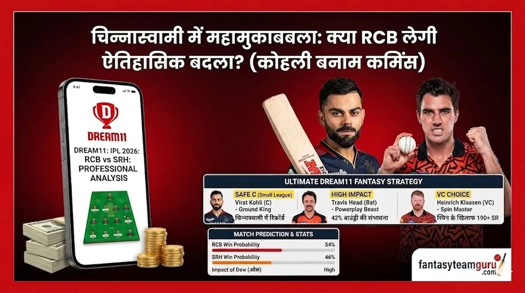 RCB vs SRH Dream11 Prediction Today: 28-03-2026 | पिच रिपोर्ट, प्लेयर स्टैट्स और विनिंग फैंटेसी टीम